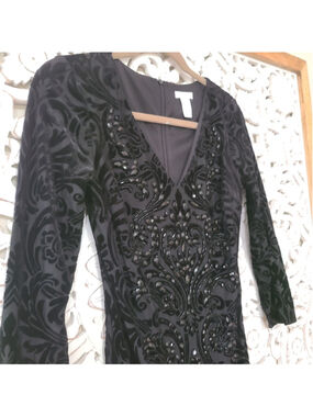 Cache long-sleeve black burnout velvet cocktail dress Sz 4 Embellished BodyCon